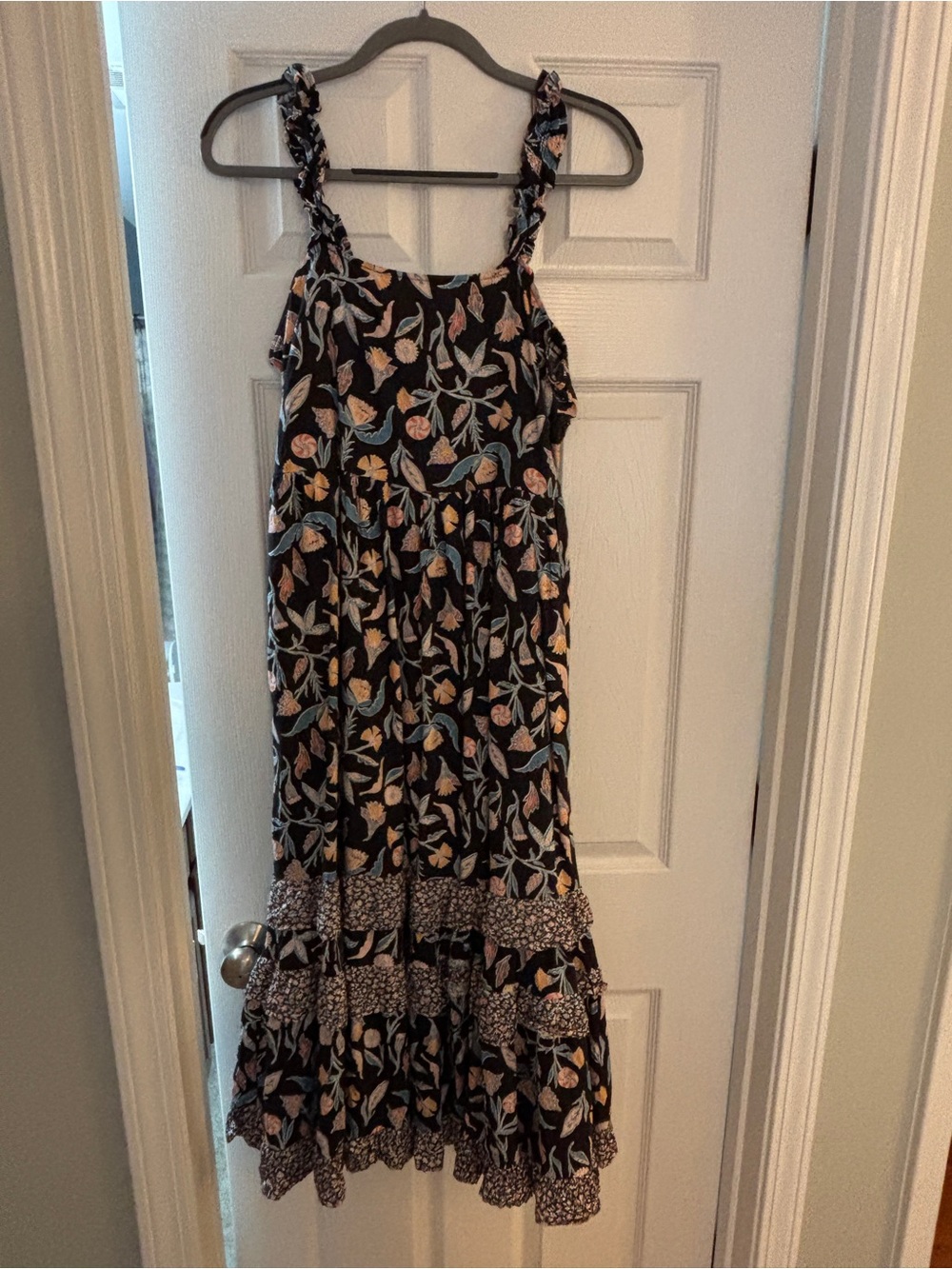 Universal Thread Black Floral Maxi Dress with Blue and Peach Accents